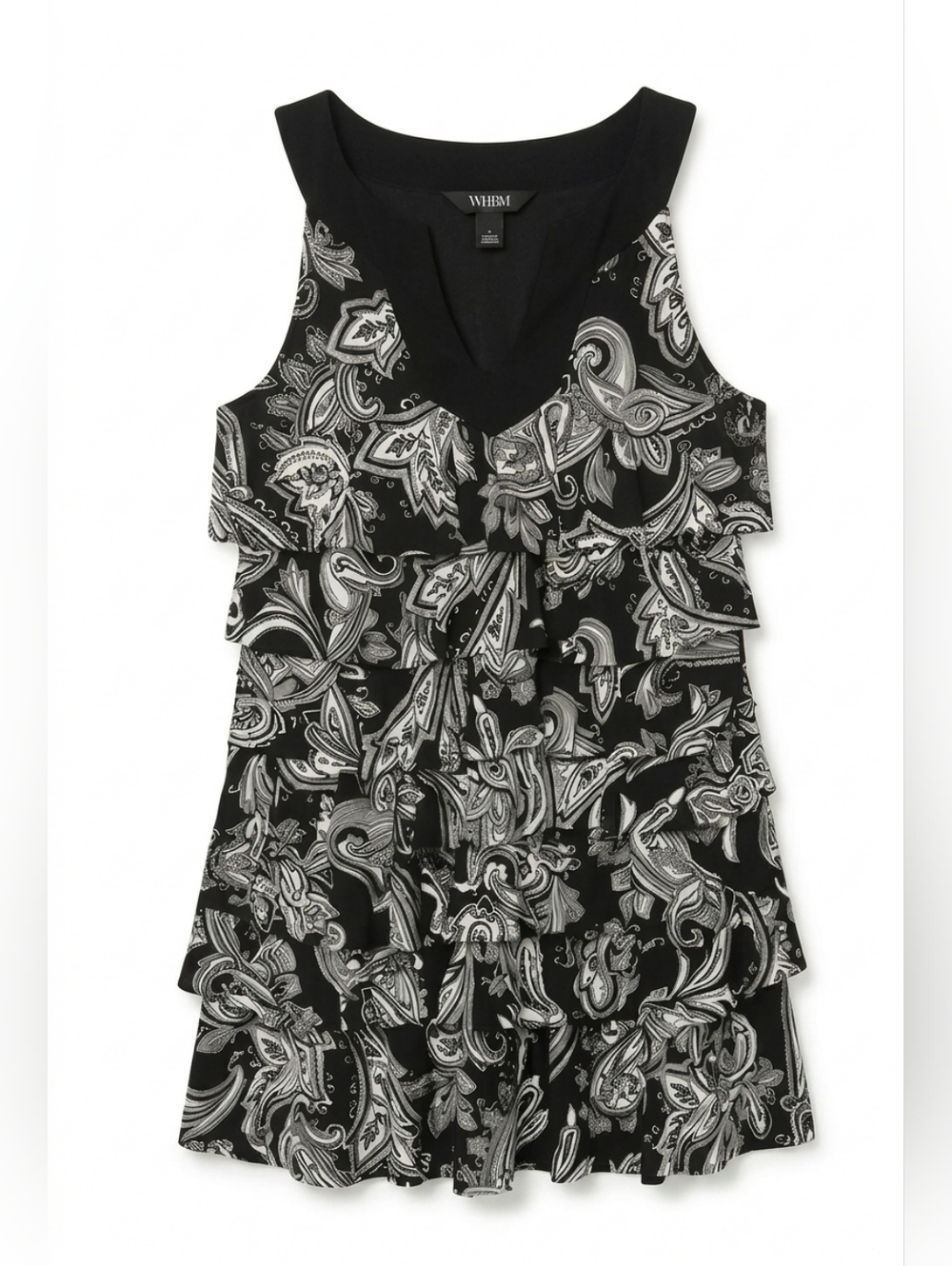 White House Black Market Black & White Paisley Sleeveless Ruffle Tunic